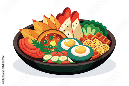 A close-up view of a colorful bowl of Asian cuisine featuring fried eggs, vegetables, and noodles.