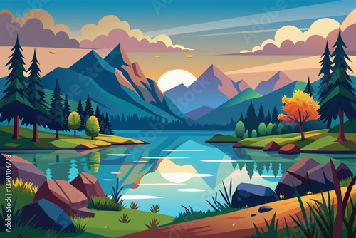 A digital illustration of a picturesque mountain lake scene with a single autumn tree standing near the waters edge, as the sun sets behind the towering peaks.