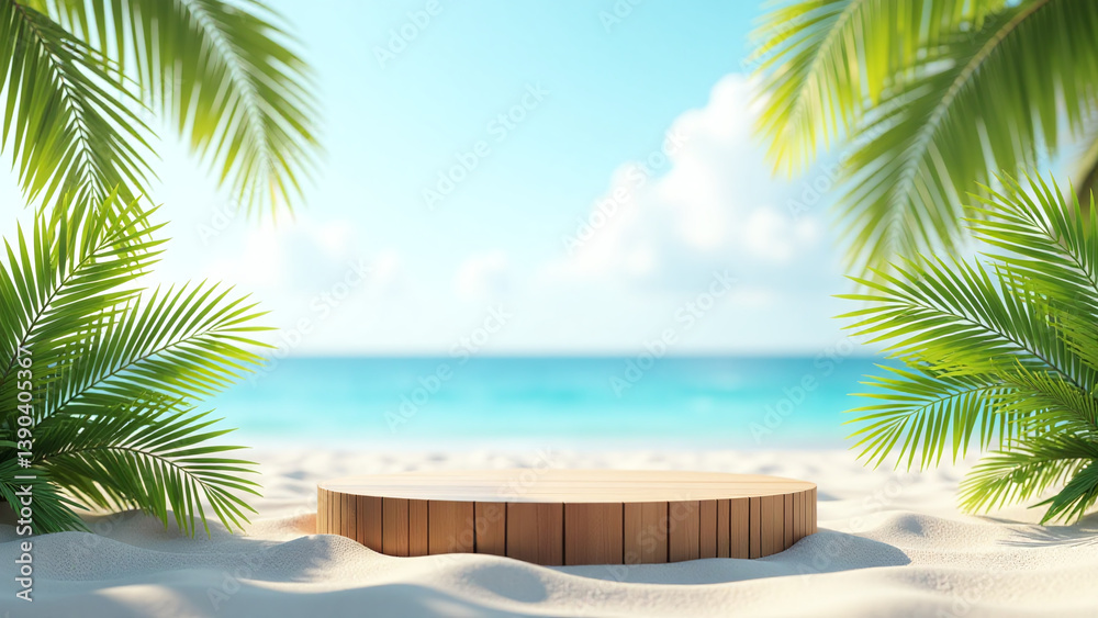 Fototapeta premium wooden empty podium sits beach palm leaves surrounding realistic