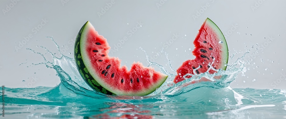 Fototapeta premium Fresh watermelon slices splashing in water create refreshing scene.