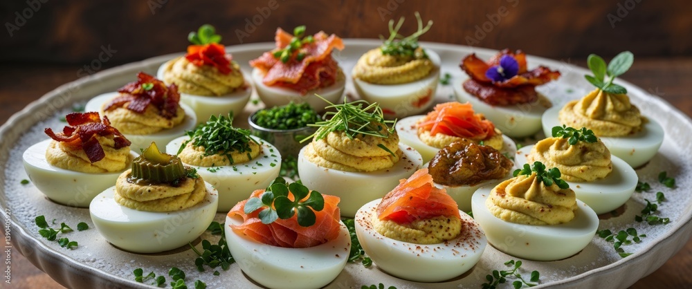 Fototapeta premium Deviled Eggs Variety Platter with Creative Toppings for Holiday Parties.