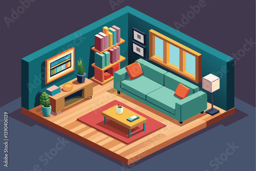 A cartoon illustration depicting a living room interior with a teal sofa, bookshelf, coffee table, and a floor lamp. The room has a red rug, wooden floors, and teal walls.