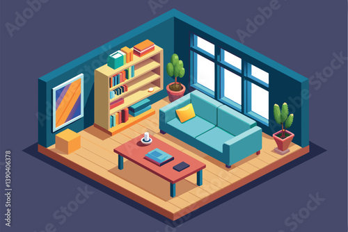 An isometric illustration of a colorful living room with a bookshelf, cozy couch, coffee table, plants, window, and framed painting.