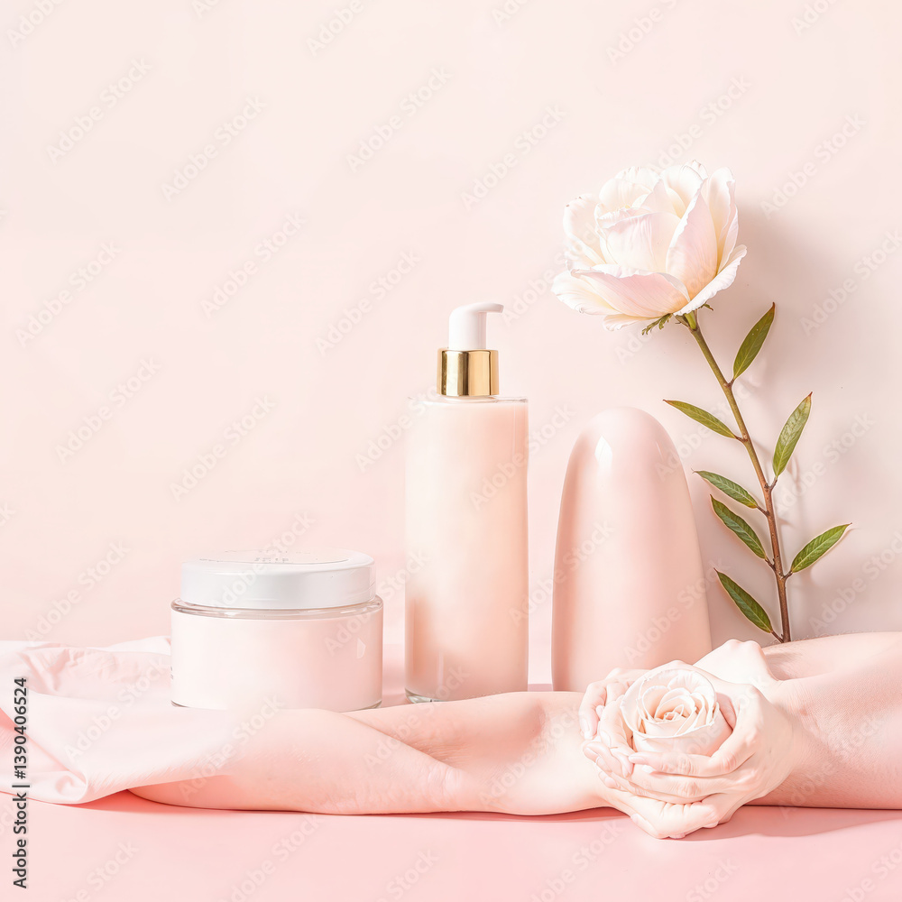 Natural Skincare Beauty Composition: Pink Rose and Cosmetic Cream in Elegant Minimalist Flatlay for Spa and Wellness Natural Skincare Beauty Composition: Pink Rose and Cosmetic Cream in Elegant Minimalist Flatlay for Spa and Wellness