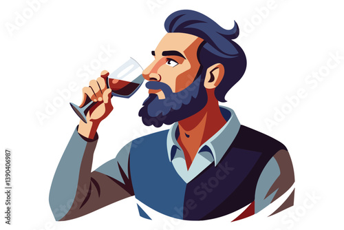 A cartoon illustration of a bearded man taking a sip of red wine from a glass.