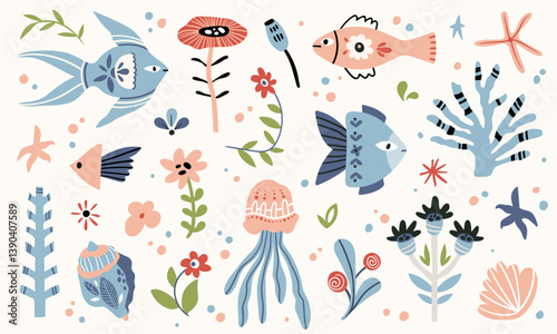 Folk hygge ocean clip arts, hand drawn vector set in Scandinavian Nordic style, isolated on white. Collection of classic ethnic elements. The scandi folk motifs - fishes, flowers, and sea animals