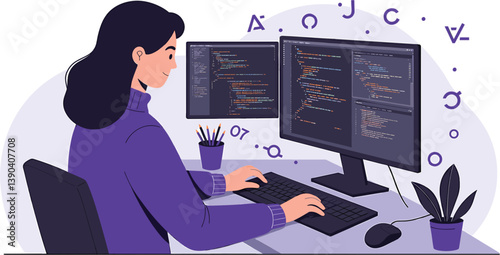The Digital Architect: A focused professional, engrossed in her work. The screen displays the intricate code, symbolizing the essence of her tasks, reflecting the intelligence and dedication.
