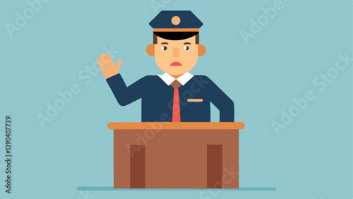 Officers Testimony The officer gesturing with one hand to emphasize a point while the other hand rests on the stand indicating their seriousness.