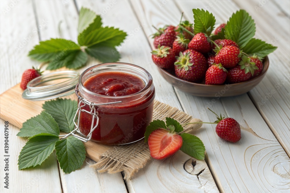 Strawberry jam and fresh berries with leaves on a rustic wooden table. Copy space. (Strawberry) Strawberry jam and fresh berries with leaves on a rustic wooden table. Copy space. (Strawberry)