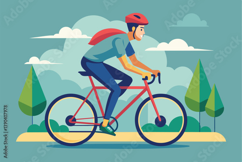 A man rides a red bicycle through a park on a sunny day. He wears a helmet and enjoys the scenery.