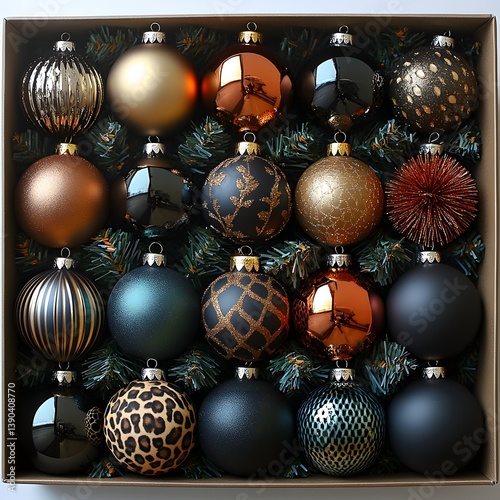 Designer Christmas Baubles Mixed Patterns Trendy Display photo