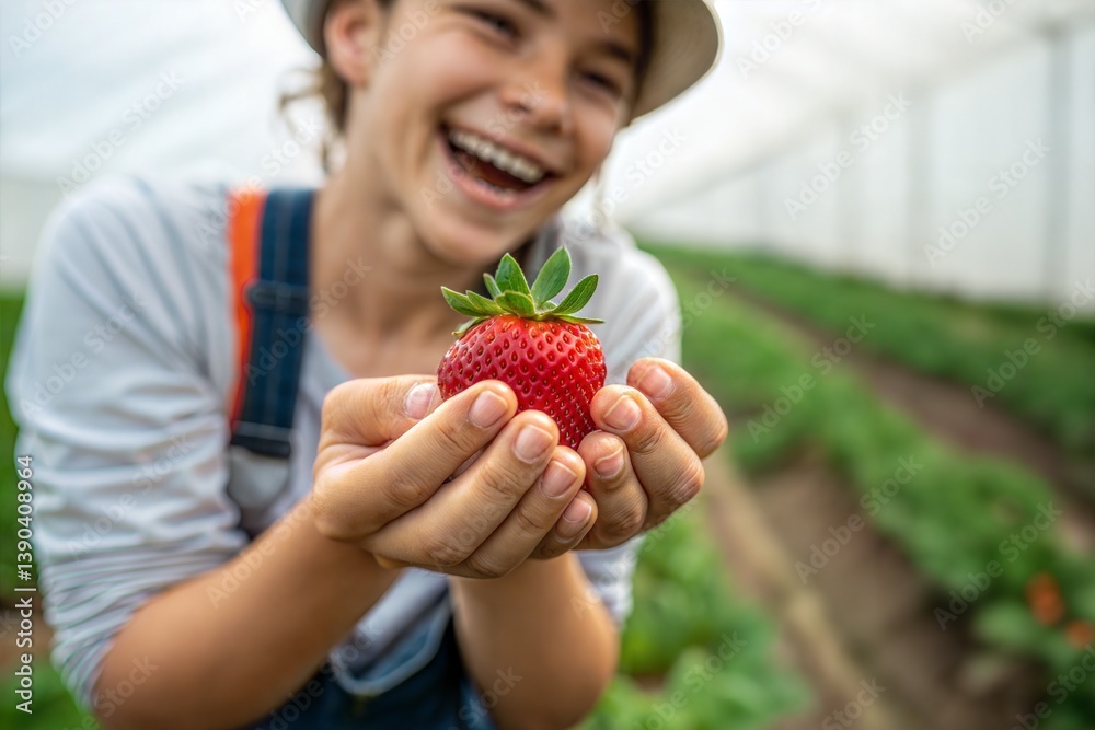 Person holding a freshly picked juicy strawberry in their hands. (Strawberry) Person holding a freshly picked juicy strawberry in their hands. (Strawberry)