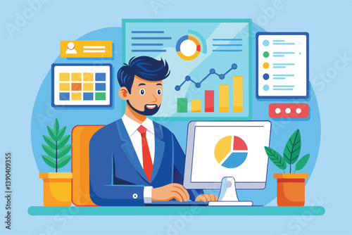 A businessman sits at his desk in front of a computer, analyzing data presented in charts and graphs. He has a serious expression and appears to be focused on his work.