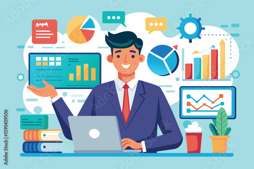 An illustration of a smiling businessman working on his laptop with various data charts and graphs surrounding him, suggesting he is analyzing and interpreting financial information.