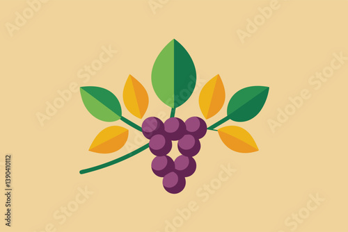 A flat, minimalist illustration of a cluster of grapes on a vine with green and yellow leaves. The design is simple and modern.
