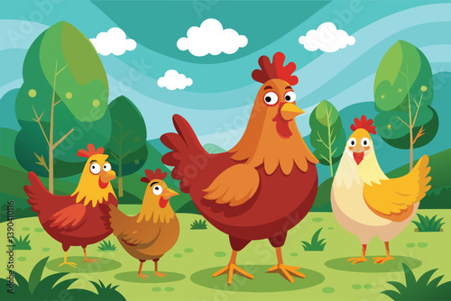 A digital illustration of four cartoon chickens standing in a green meadow on a sunny day.