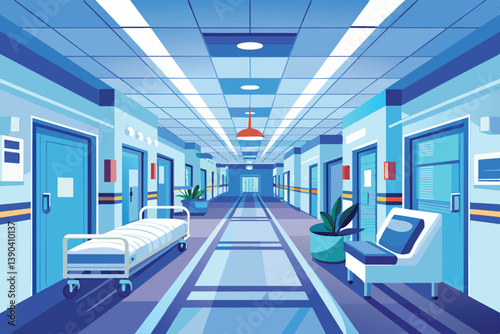 This illustration depicts a long hospital hallway with rows of doors on each side. In the foreground, a medical bed and a patient chair can be seen.