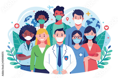 An illustration of a diverse group of healthcare workers wearing face masks. The image represents the importance of healthcare workers during a pandemic.