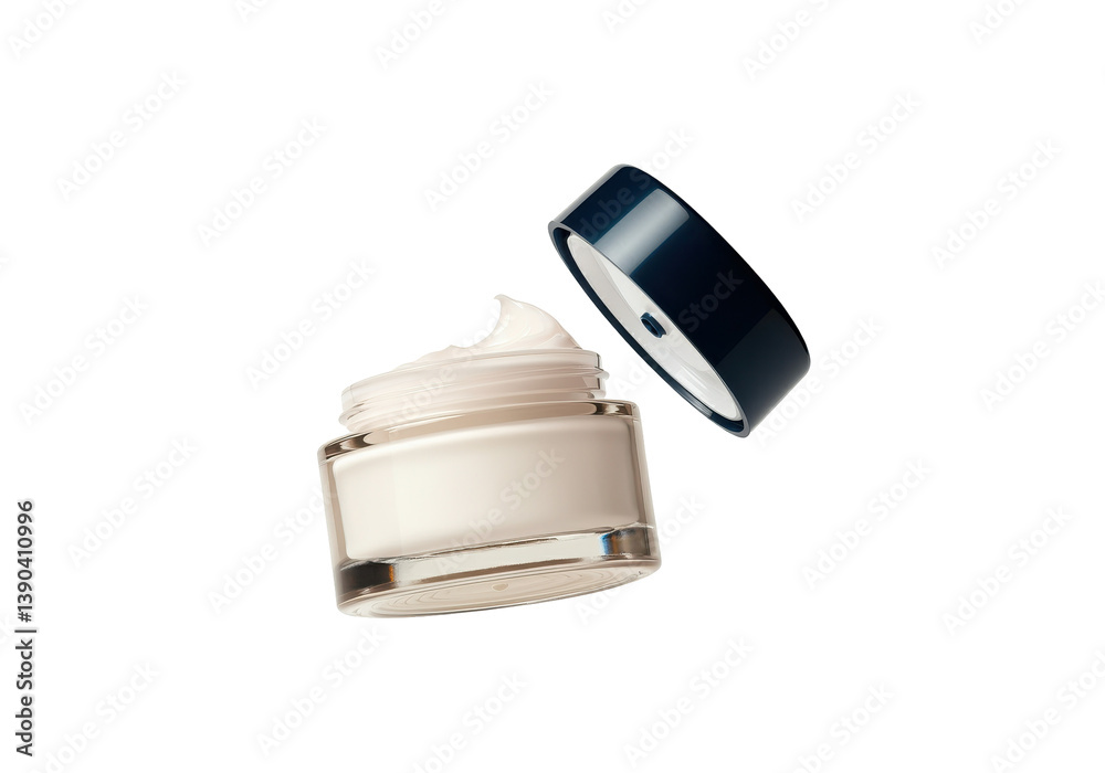 A floating jar of face cream with the lid slightly opened, on a solid white background A floating jar of face cream with the lid slightly opened, on a solid white background