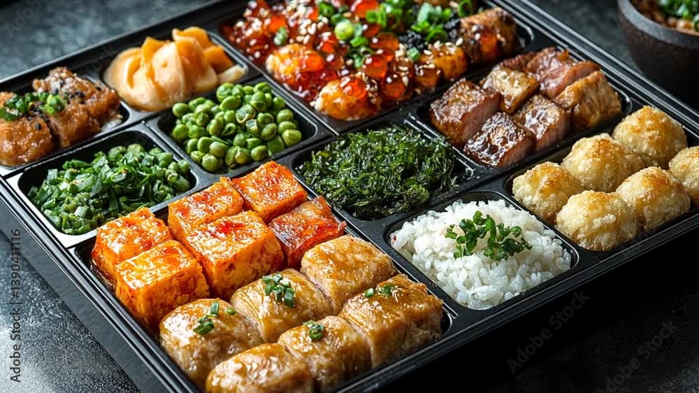 Asian bento box with assorted dishes, ready to eat, for a lunch, takeaway Asian bento box with assorted dishes, ready to eat, for a lunch, takeaway
