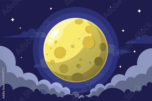 A large, full moon shines brightly in a dark blue night sky, with clouds in the foreground and a few twinkling stars scattered across the expanse.