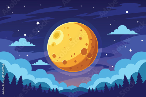 A cartoon illustration of a full moon shining brightly in a dark night sky. Clouds float in the sky, and a silhouette of a forest appears in the foreground.