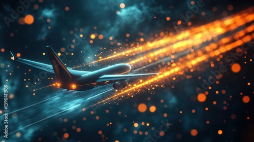 An airplane ascending through a night sky with bright streaks of light