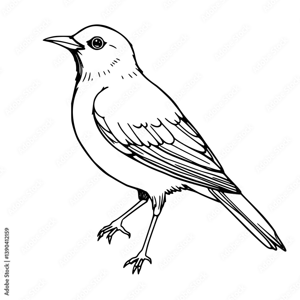 Fototapeta premium Line Art Bird: A detailed line art illustration showcases a bird in a moment of graceful movement. The crisp, clean lines accentuate the bird's form.
