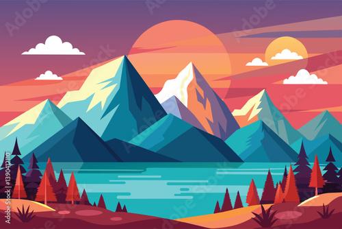 A vibrant illustration depicting a scenic mountain range with a lake in the foreground. The sky is ablaze with sunset colors, creating a beautiful and serene atmosphere.