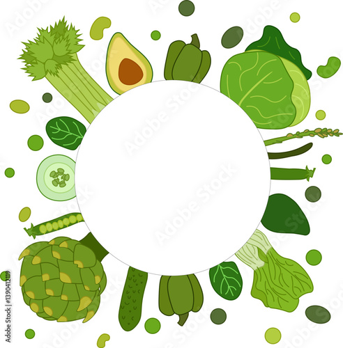 Green vegetables circle round frame, boxing, bordering. card template. Text, copy space. vector flat Spinach, Dandelion, broccoli, Romaine Lettuce, kale Collard for cooking bakery labels textile tags