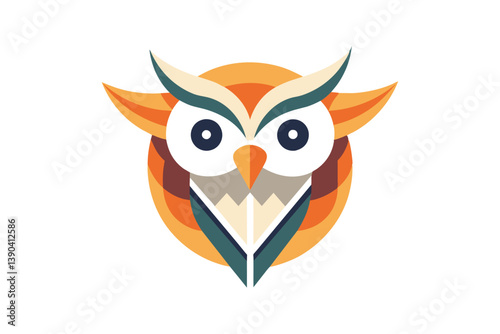 A vibrant owl illustration with geometric shapes. Black and white eyes, orange beak, orange, teal, white, and brown body.