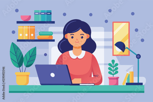 An illustration of a woman working on a laptop at a desk in a home office.