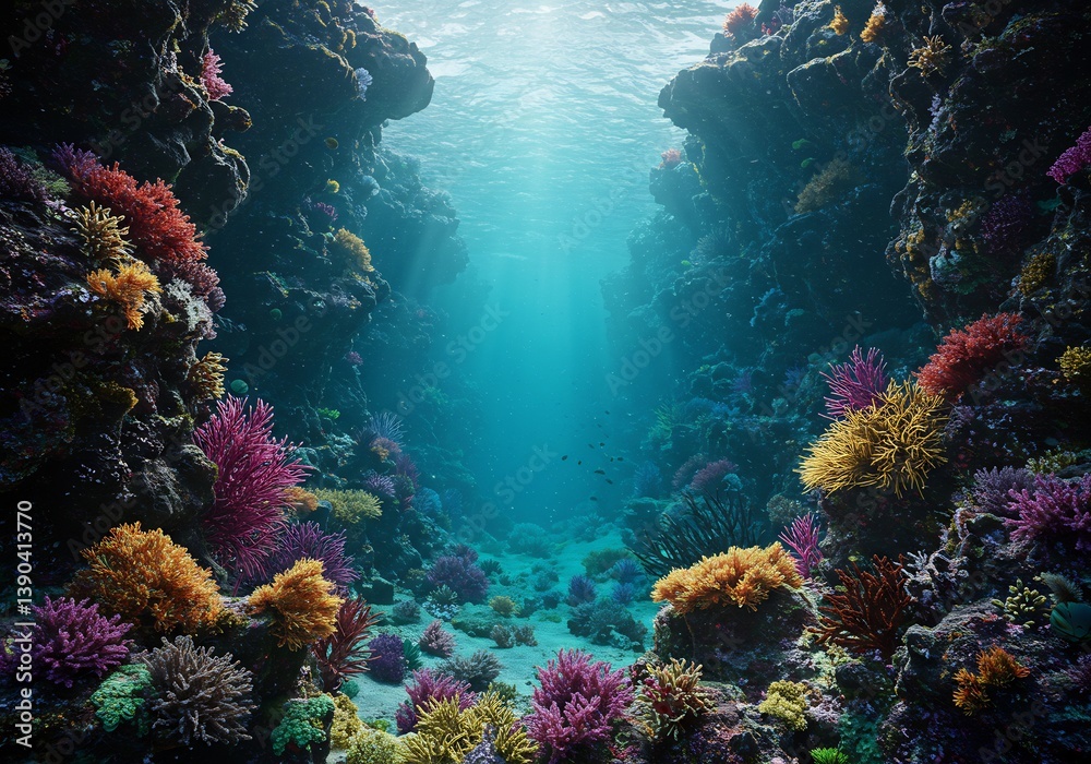 Naklejka premium Vibrant coral reef glows softly in underwater canyon. AI Generated