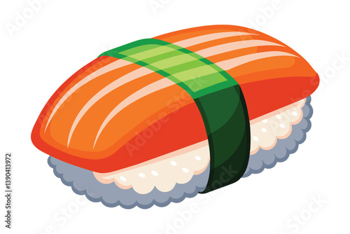 A single piece of salmon nigiri sushi, wrapped in green seaweed, with white rice.