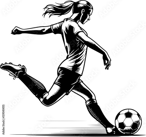 Female Soccer Player About To Shoot, Black And White Female Football Silhouette