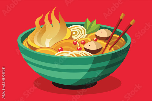 A bowl of steaming hot noodles with chopsticks, topped with meat, red pepper flakes, and a sprig of green herbs.