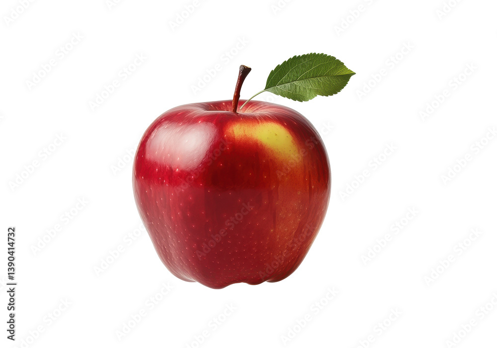 A floating red apple with a small leaf attached, on a solid white ...