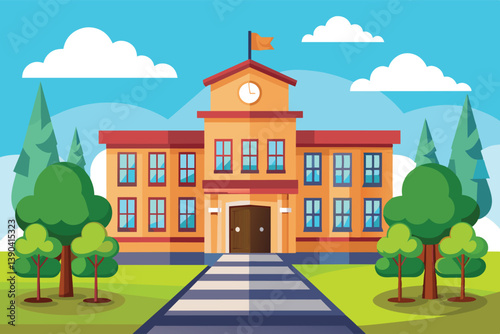 A cartoon illustration of a yellow brick school building on a sunny day. The building is surrounded by trees and a crosswalk leads to the schools entrance.