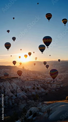 Hot air balloons soaring at sunrise over Cappadocia's unique rock formations