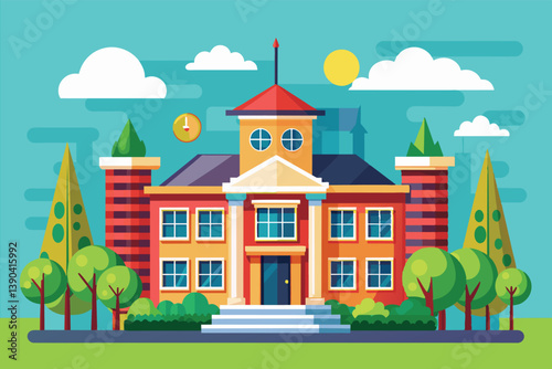 This is an illustration of a cartoon school building set against a blue sky with white clouds.