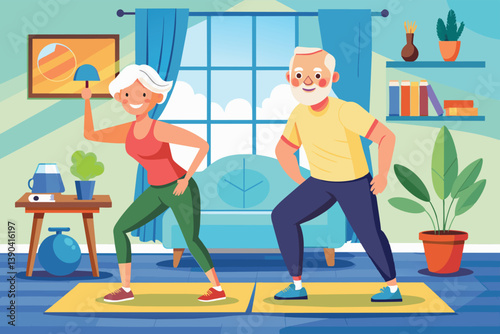 A senior man and woman are shown exercising together at home on yellow mats.