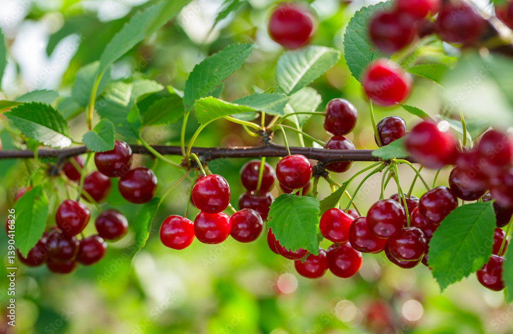 Fresh ripe red cherries hanging on tree in orchard garden Fresh ripe red cherries hanging on tree in orchard garden