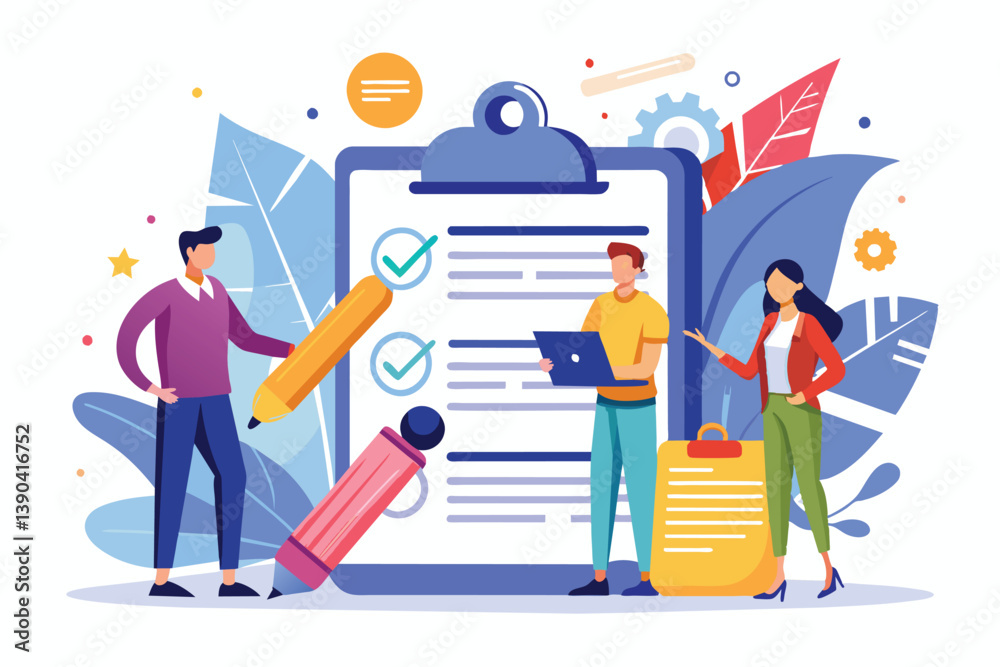 A team of three people works together to complete a checklist. They are focused and engaged, using a variety of methods to ensure everything is done correctly. A team of three people works together to complete a checklist. They are focused and engaged, using a variety of methods to ensure everything is done correctly.