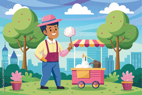 A man in a pink hat stands next to a pink cotton candy cart in a park, holding a cotton candy stick. There are trees and a cityscape in the background.