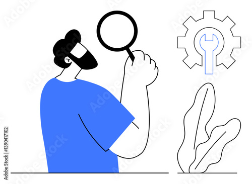 Man holding magnifying glass inspecting details. Nearby gear with wrench indicates problem-solving. Ideal for research, analysis, troubleshooting, innovation, teamwork, strategy, learning flat simple