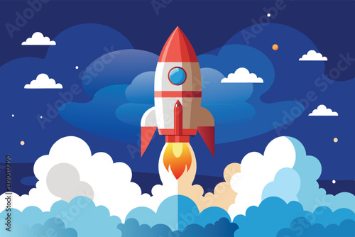 A cartoon illustration of a red and white rocket launching into space with clouds and stars in the background.