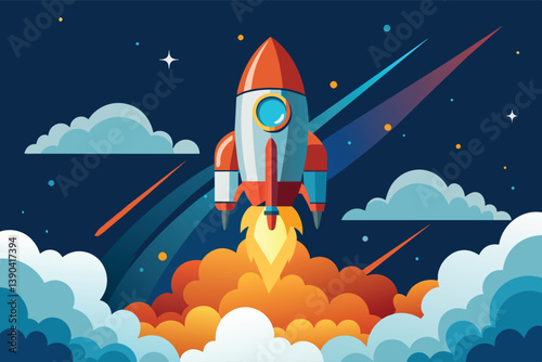 An illustration of a red and white rocket launching through a dark blue sky filled with stars and white clouds. The rocket is leaving a trail of orange fire.