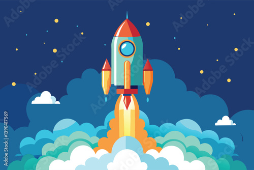 A stylized rocket with red and orange accents bursts through clouds in a night sky with bright stars.