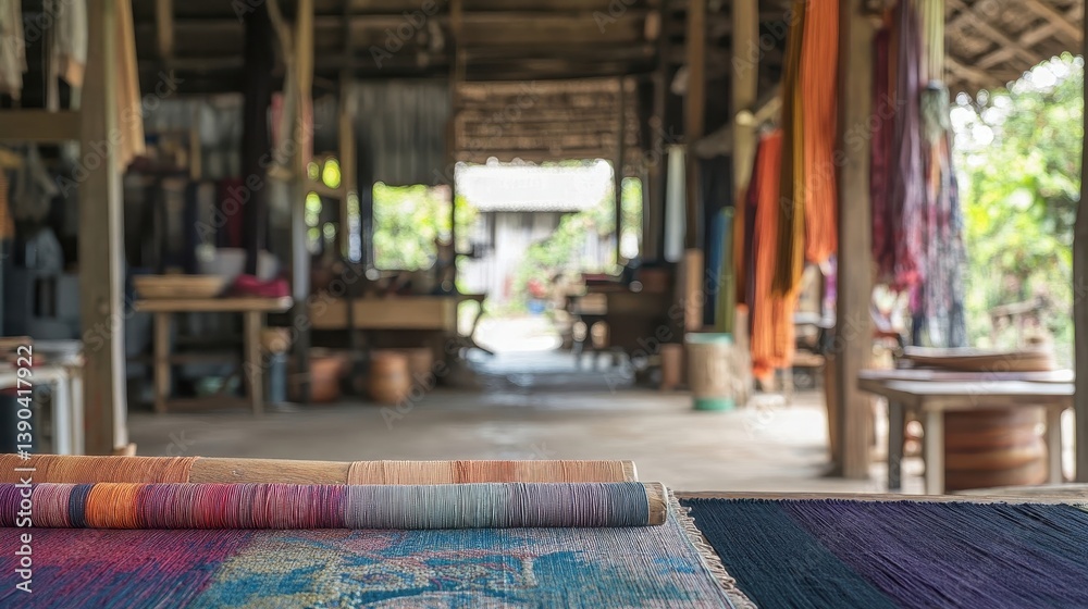 Obraz premium Inside a workshop displaying colorful weaving materials and structures