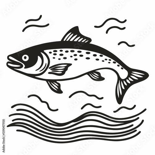 Vintage Fish Illustration Stylized Salmon Leaping in Waves